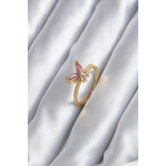 Gold Renk Pembe Zirkon Taşlı Kelebek Model Kadın Yüzük