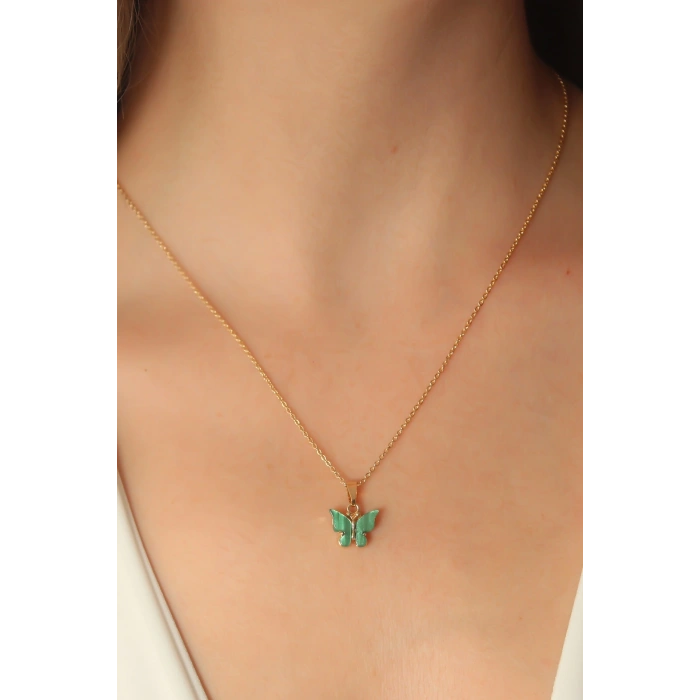 Gold Yeşil Renk Kelebek Figür Kadın Kolye