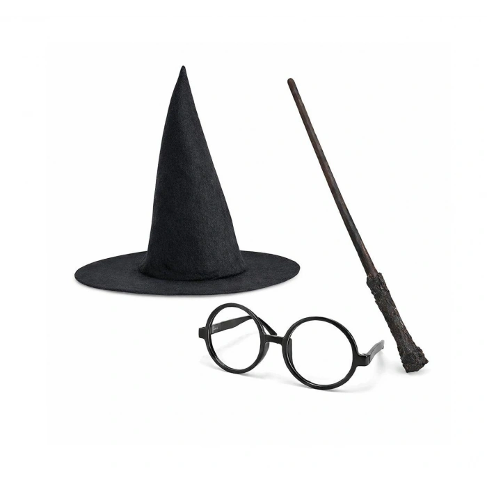 Harry Potter Tarzı Çocuk Seti - Siyah Keçe Şapka, Asa, Gözlük