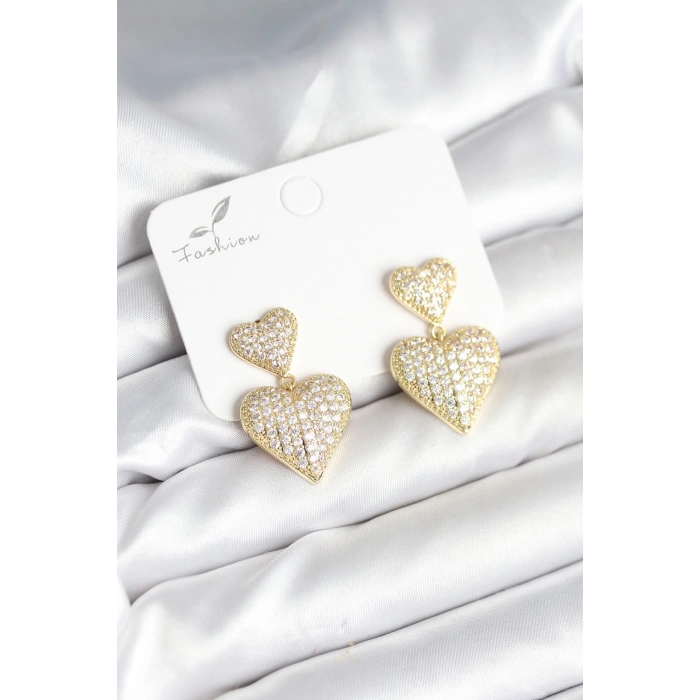 Kalp Model Zirkon Taşlı Gold Renk Pirinç Kadın Küpe