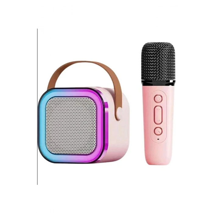 Karaoke Kablosuz Hoparlör Mikrofonlu Rgb Işıklı Bluetooth Speaker Tf Kart/usb Pembe