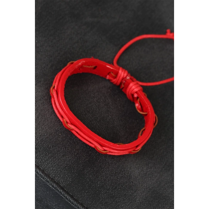 Kırmızı Renk Ayarlamalı İpli Deri Erkek Bileklik