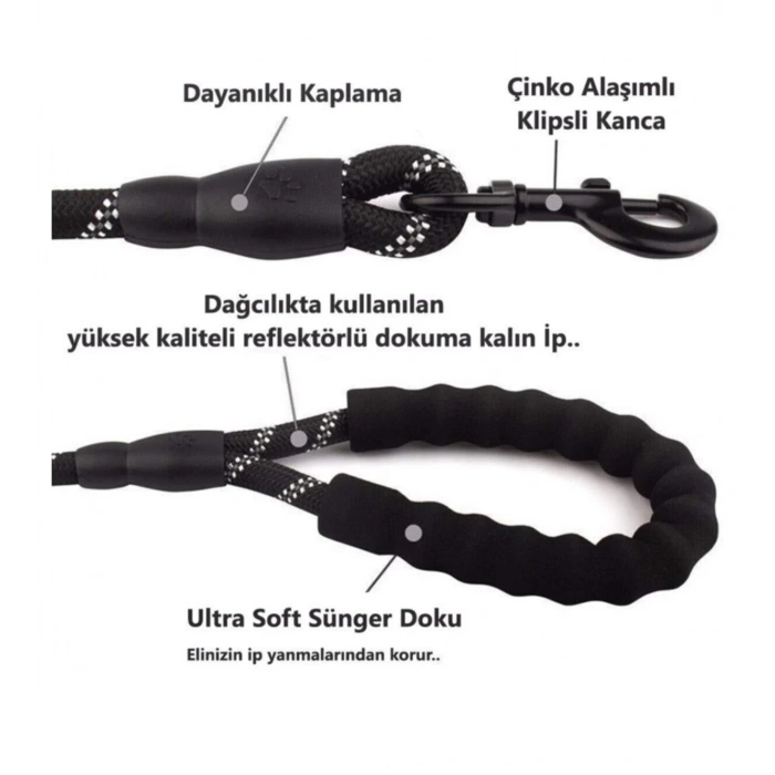 Köpekler İçin Gezdirme Tasması Reflektörlü 130 cm Halat Orta ve Büyük Boy Köpekler İçin Siyah