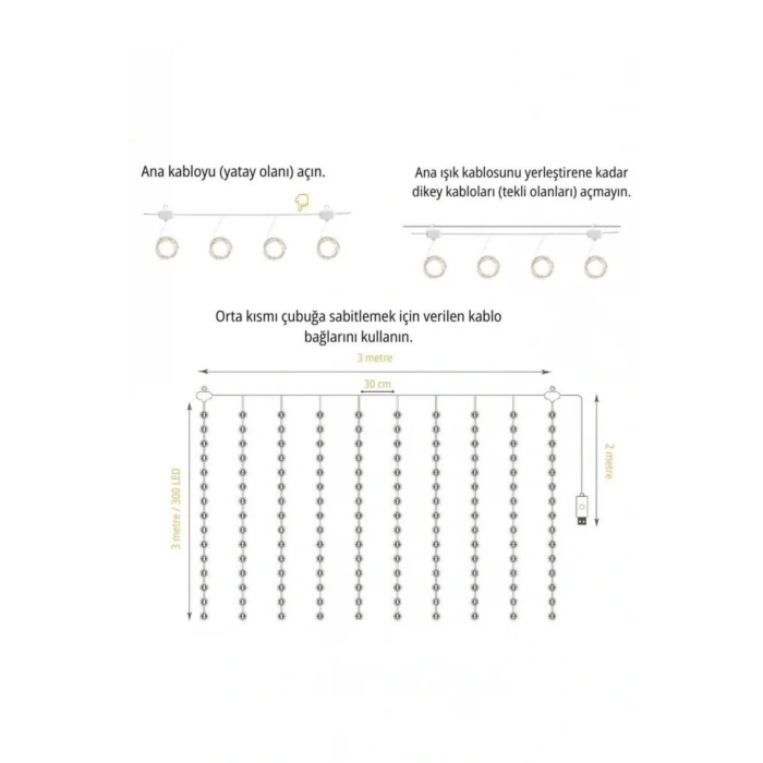 Lw-7 300 Ledli 10 Sarkıt Perde Led Işık, 8 Modlu Uzaktan Kumandalı, 3x3 Metre Peri Telli Led