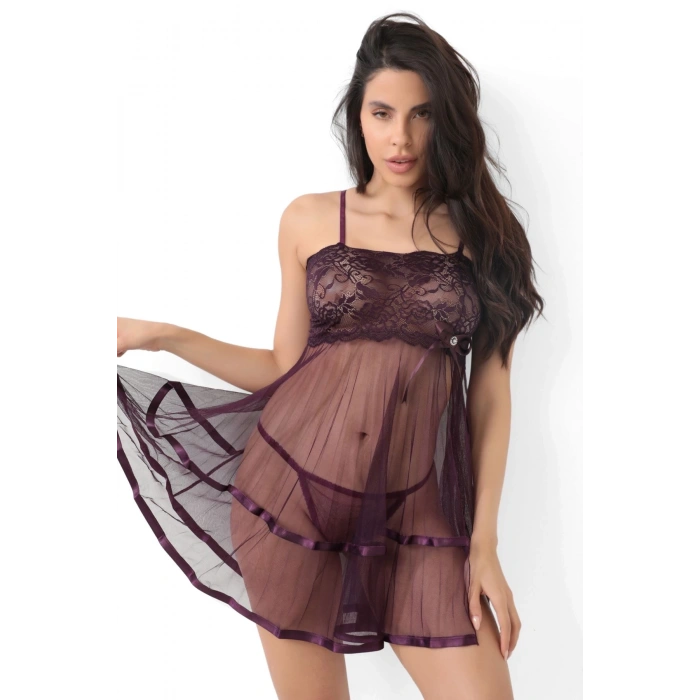 Mor Şifon Pileli Gecelik-835