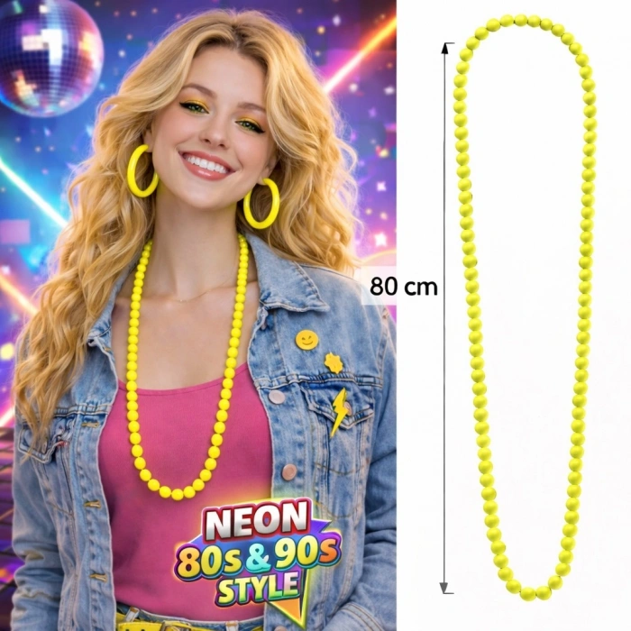 Neon Sarı Boncuk Kolye 80 cm – Retro 80’ler 90’lar Parti Aksesuarı