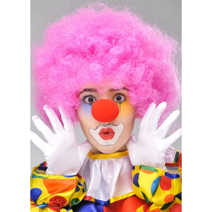 Pembe Renk Kıvırcık Afro Bonus Peruk Takma Saç ve Kırmızı Burun Seti