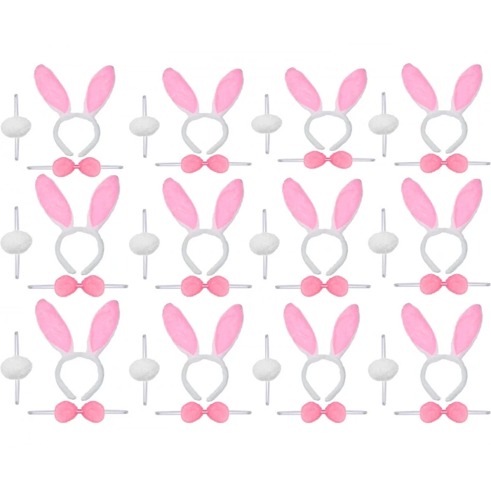 Pembe Tavşan Kostüm Seti – Taç Ponpon Kuyruk 12 li Paket