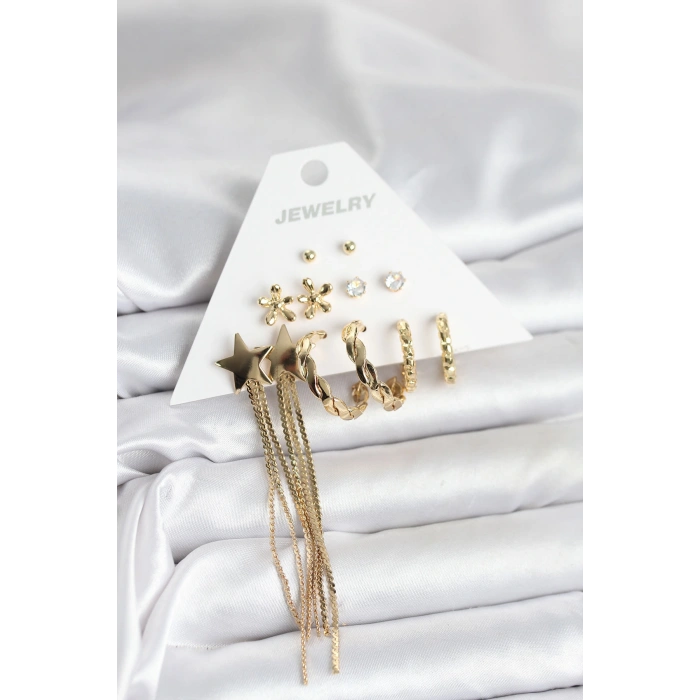 Pirinç Gold Renk 6 Çift Kadın Küpe Seti