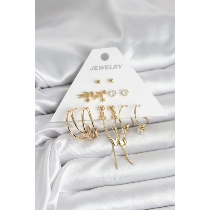 Pirinç Gold Renk 6 Çiftli Kadın Küpe Seti