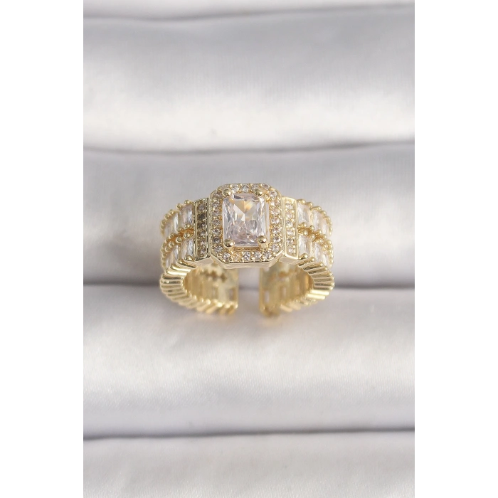 Pirinç Gold Renk Ayarlanabilir Baget Zirkon Taş Model Kadın Yüzük