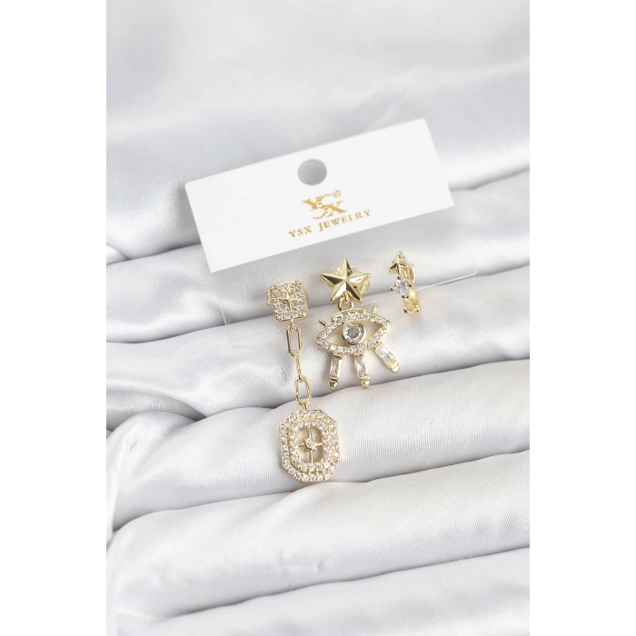 Pirinç Gold Renk Göz ve Kutup Yıldızı Model YSX Trio Küpe Seti