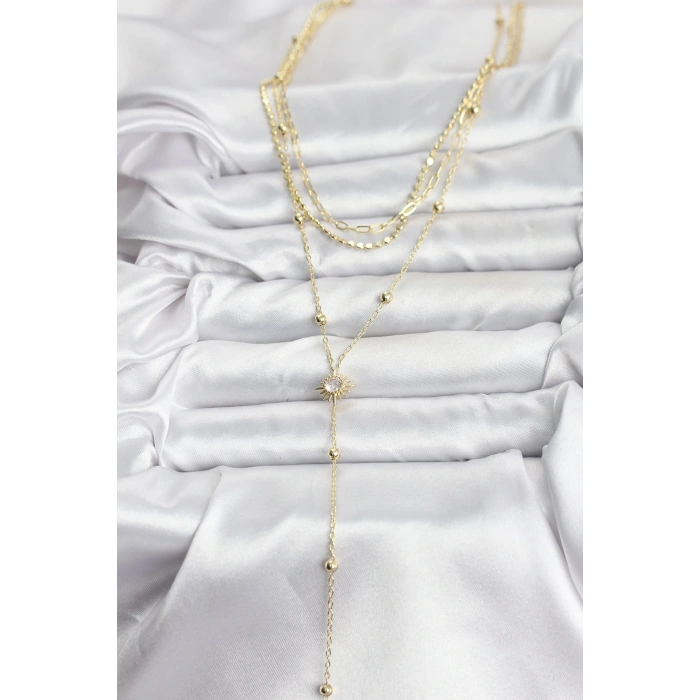 Pirinç Gold Renk Güneş Model Detaylı 3lü Kombin Y Kadın Kolye