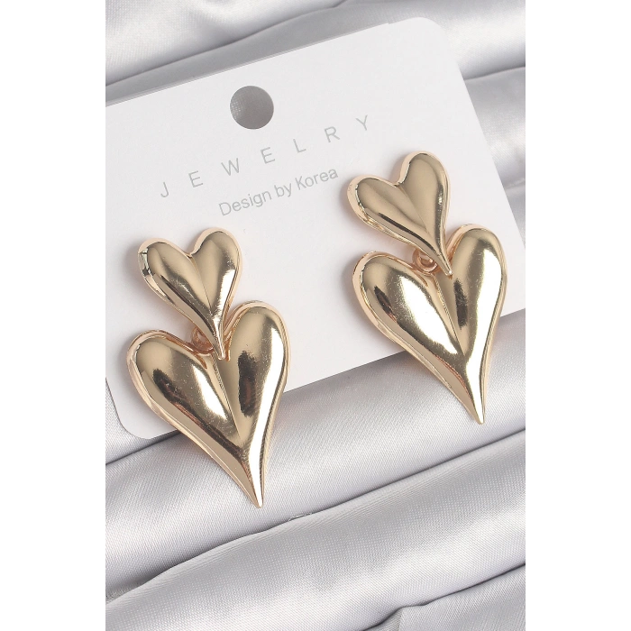 Pirinç Gold Renk Sallantı Kalp Model Kadın Küpe
