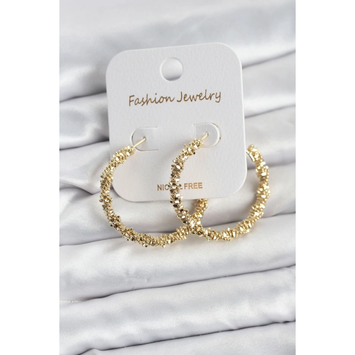 Pirinç Gold Renk Tırtıklı Halka Model Kadın Küpe