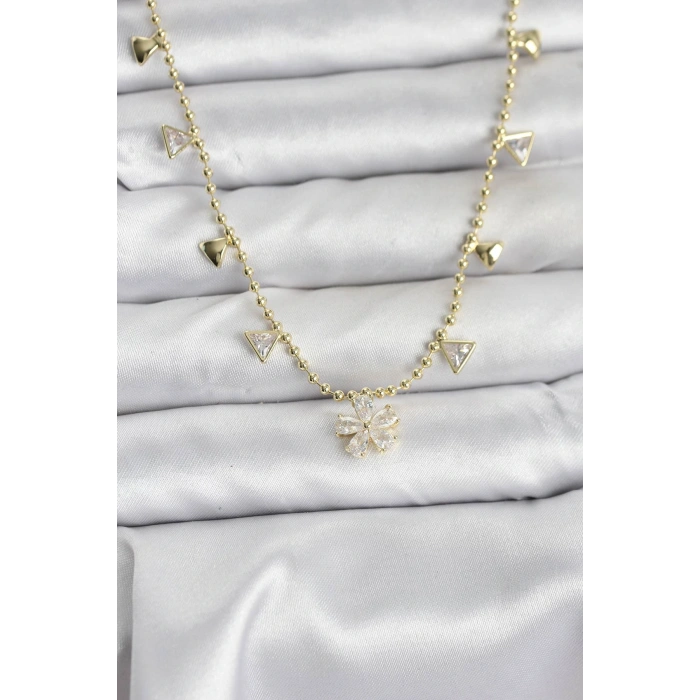 Pirinç Gold Renk Zirkon Taşlı Çiçek Model Kadın Kolye