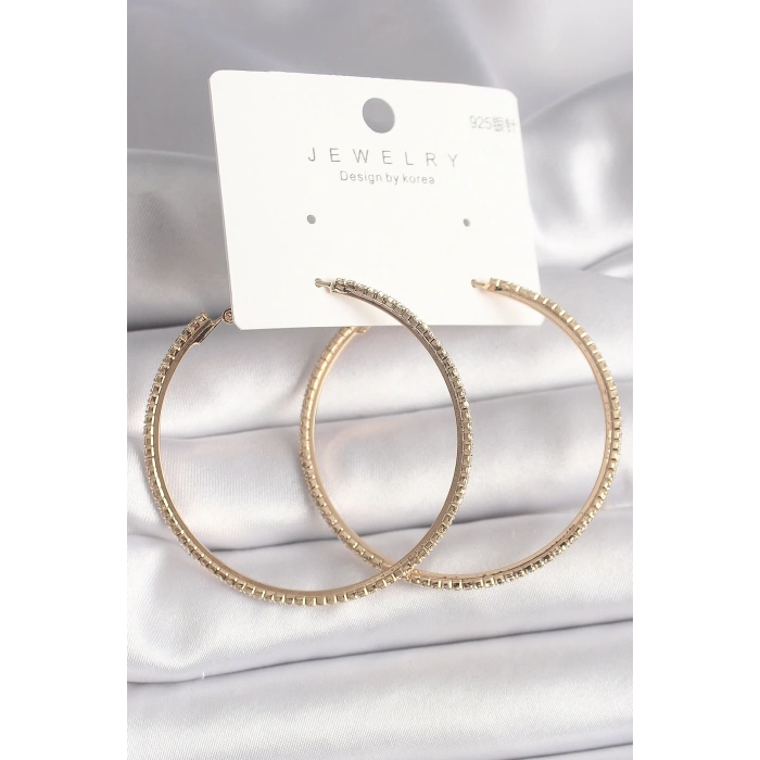 Pirinç Gold Renk Zirkon Taşlı Halka Model Kadın Küpe