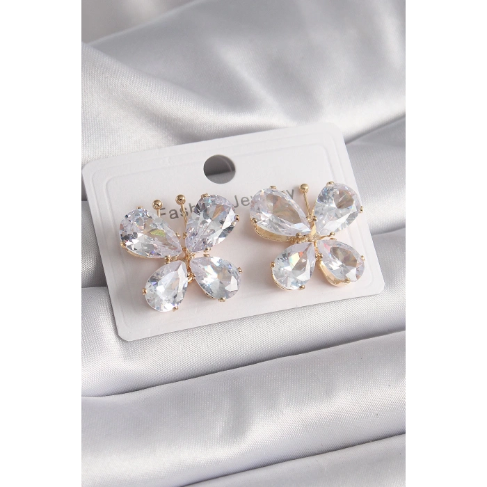 Pirinç Gold Renk Zirkon Taşlı Kelebek Model Kadın Küpe