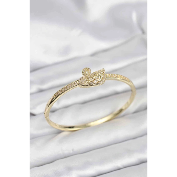 Pirinç Gold Renk Zirkon Taşlı Kuğu Model Kadın Kelepçe Bileklik