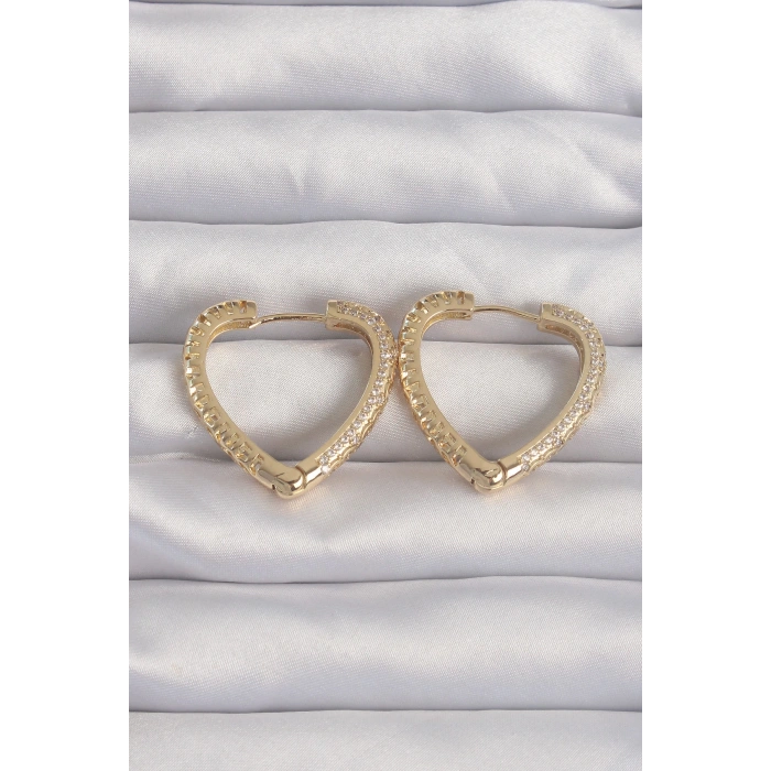 Pirinç Gold Renk Zirkon Taşlı Motifli Kalp Küpe