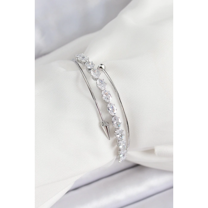 Pirinç Gümüş Renk Arpa Zirkon Taşlı Kadın Bileklik