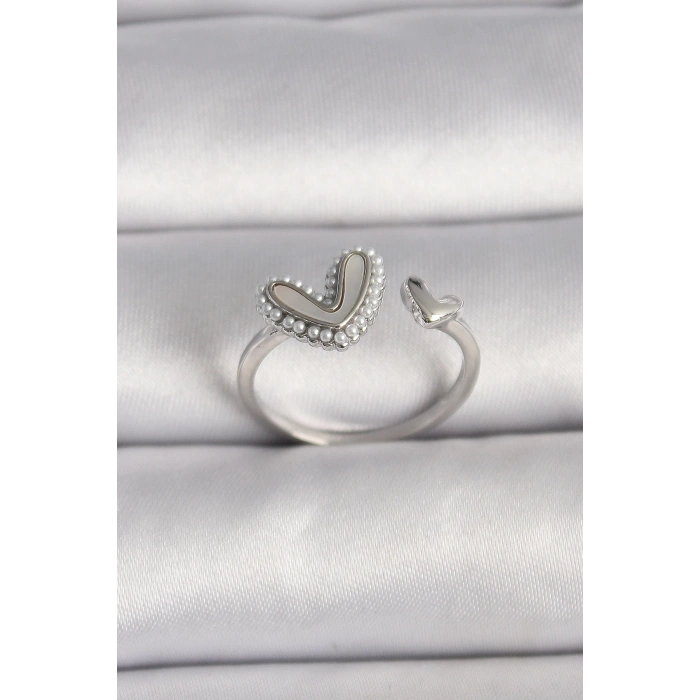 Pirinç Gümüş Renk Beyaz Mineli İnci Detaylı Kalp Model Ayarlanabilir Yüzük