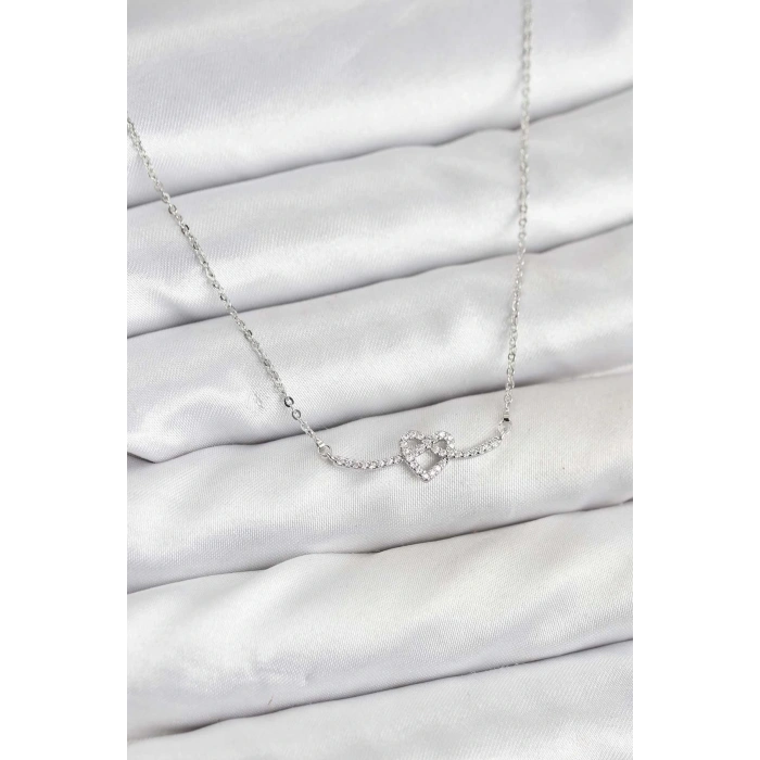 Pirinç Gümüş Renk Düğüm Kalp Model Kadın Kolye