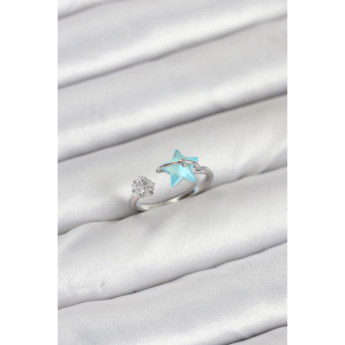 Pirinç Gümüş Renk Mavi Yıldızlı Model Kadın Yüzük