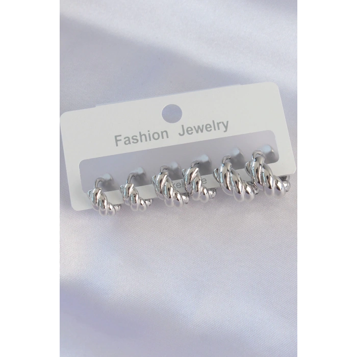 Pirinç Gümüş Renk Minimal Tırtıklı Küpe Seti