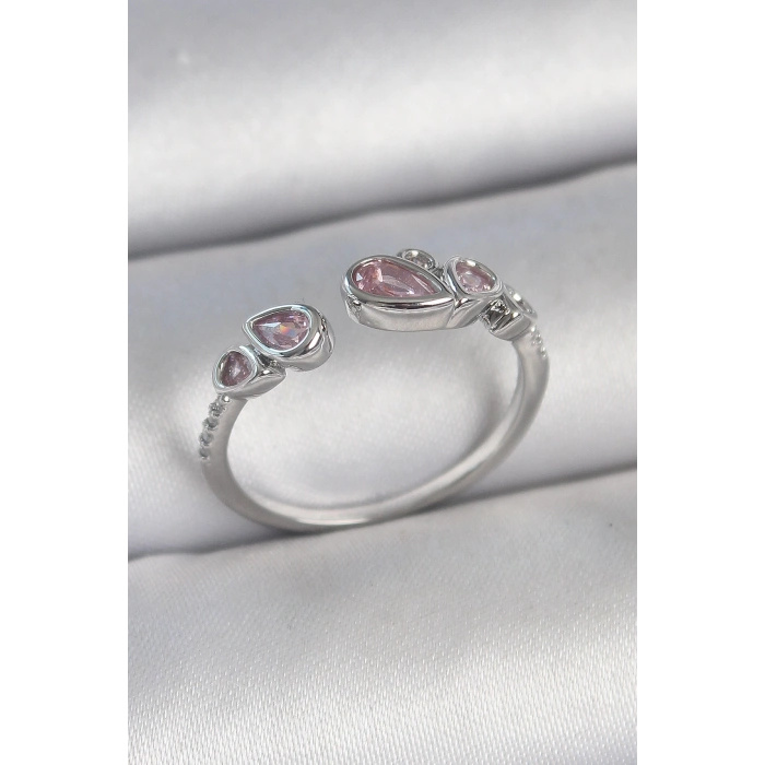 Pirinç Gümüş Renk Pembe Damla Zirkon Taşlı Ayarlanabilir Model Kadın Yüzük