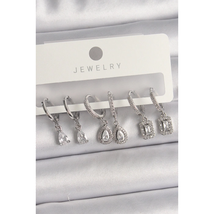 Pirinç Gümüş Renk Sallantı Zirkon Taşlı Damla Model Kadın Küpe Seti