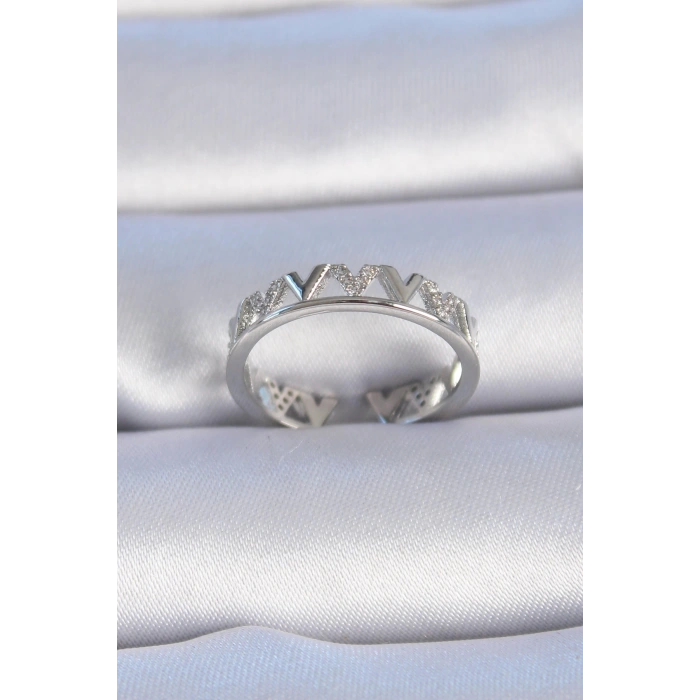 Pirinç Gümüş Renk V Model Zirkon Taşlı Kadın Yüzük