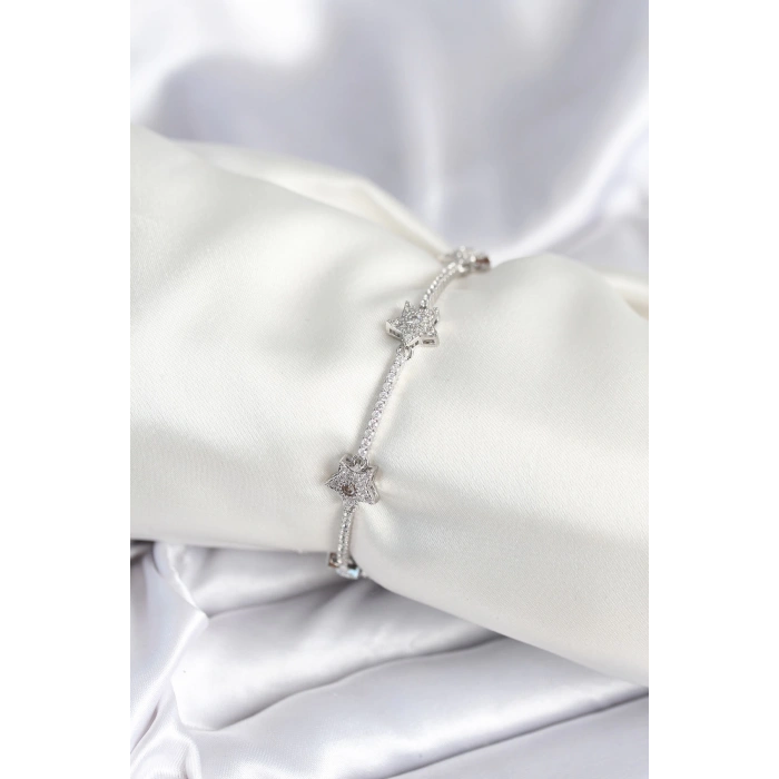 Pirinç Gümüş Renk Yıldız Model Kadın Bileklik