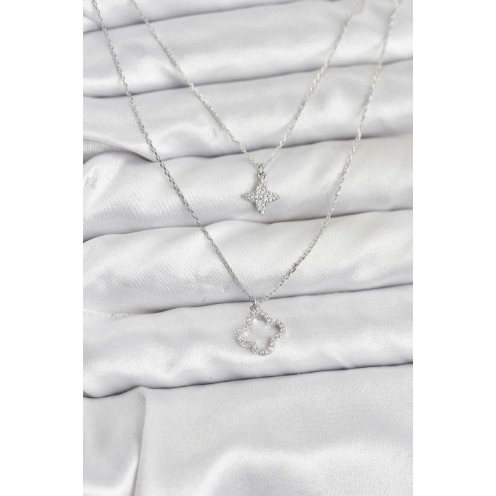 Pirinç Gümüş Renk Yonca Model 2li Kadın Kolye