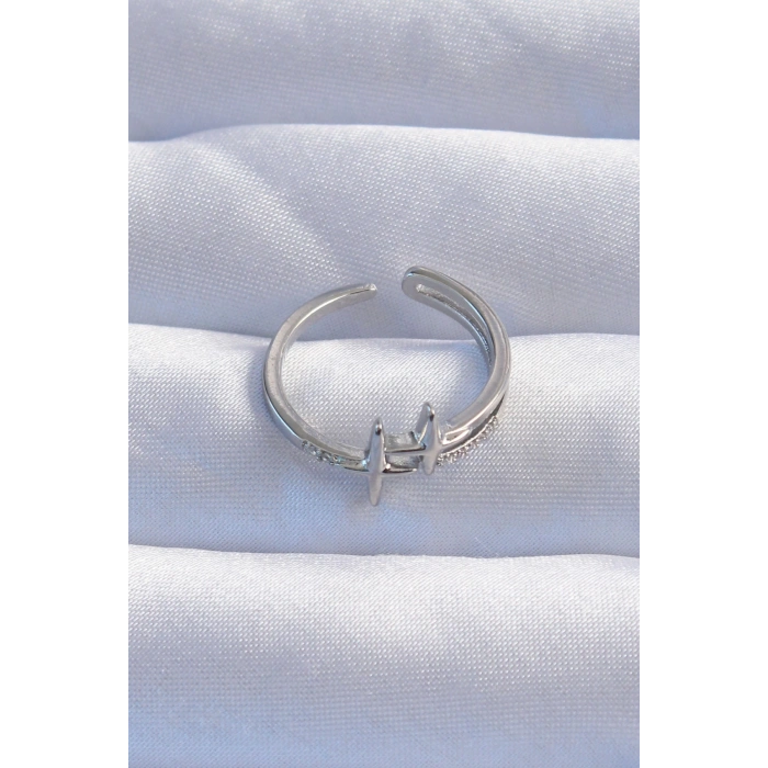 Pirinç Gümüş Renk Zirkon Taşlı 2li Görünüm Ayarlanabilir Yıldız Model Yüzük