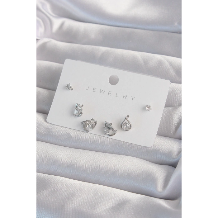 Pirinç Gümüş Renk Zirkon Taşlı Damla Model Küpe Seti