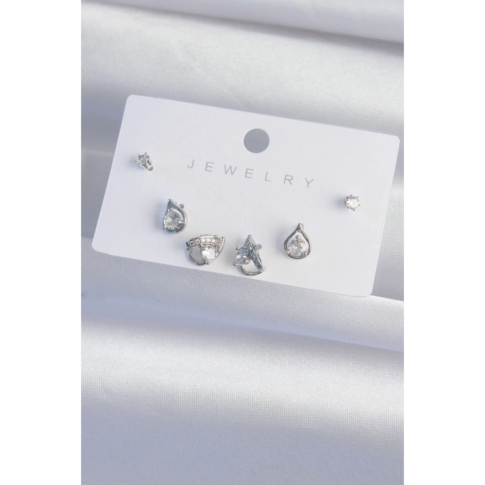 Pirinç Gümüş Renk Zirkon Taşlı Damla Model Küpe Seti