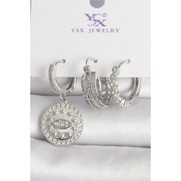 Pirinç Gümüş Renk Zirkon Taşlı Göz İşlemeli Halka Model 3Lü Kadın Kombin Küpe