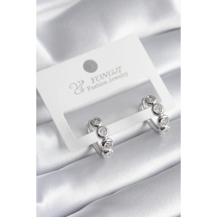 Pirinç Gümüş Renk Zirkon Taşlı Kadın Küpe