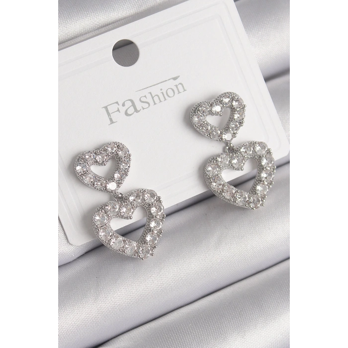 Pirinç Gümüş Renk Zirkon Taşlı Sallantı Kalp Model Kadın Küpe