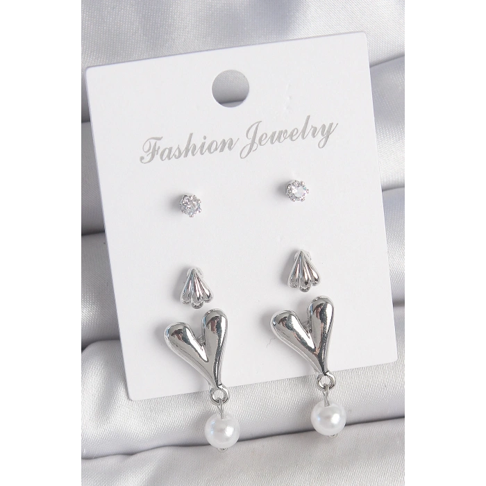 Pirinç Gümüş Renk Zirkon Taşlı Sallantılı Kalp Model 3 Çift Kadın Küpe Seti