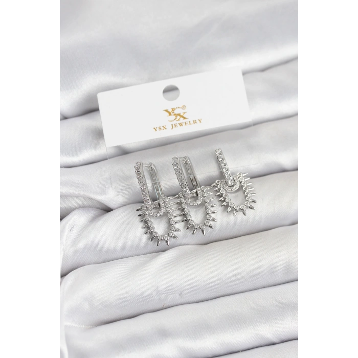 Pirinç Gümüş Renk Zirkon Taşlı Vintage Model YSX Trio Küpe Seti