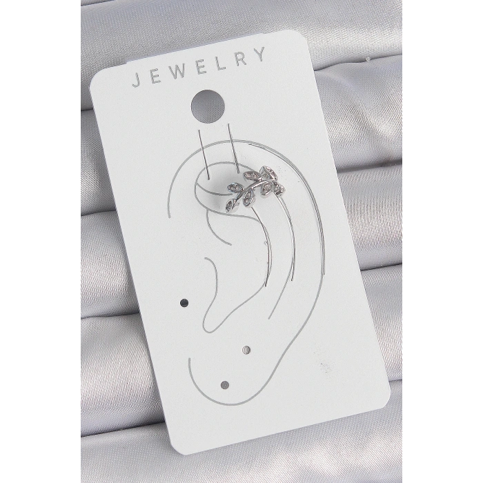 Pirinç Gümüş Renk Zirkon Taşlı Yaprak Model Kıkırdak Kadın Küpe