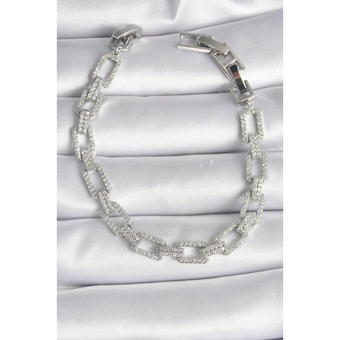 Pirinç Gümüş Renk Zirkon Taşlı Zincir Model VIP Seri Kadın Bileklik