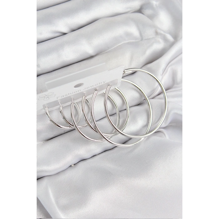 Pirinç Halka Model Gümüş Renk Kadın Set Küpe