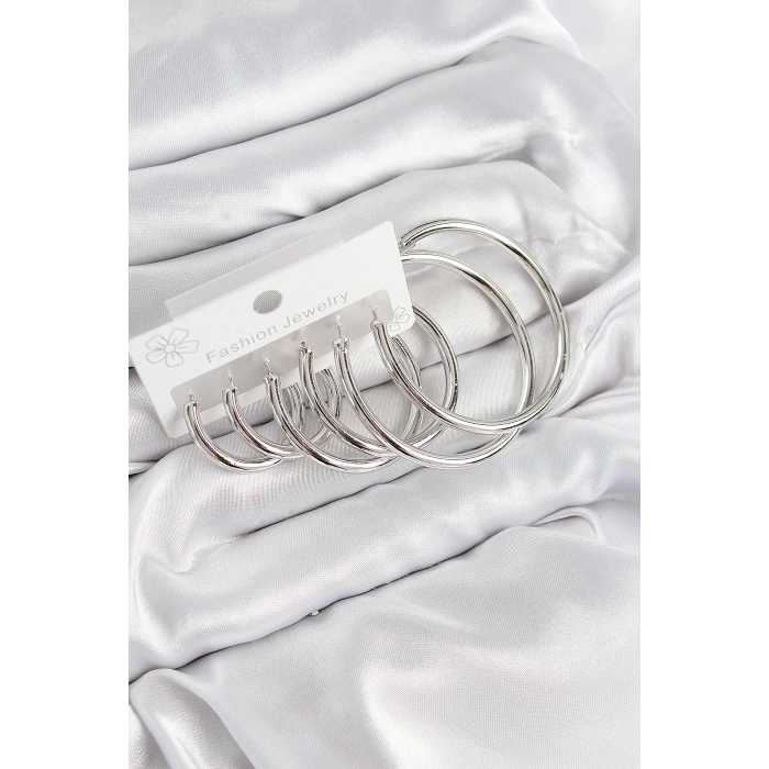 Pirinç Halka Model Gümüş Renk Kadın Set Küpe