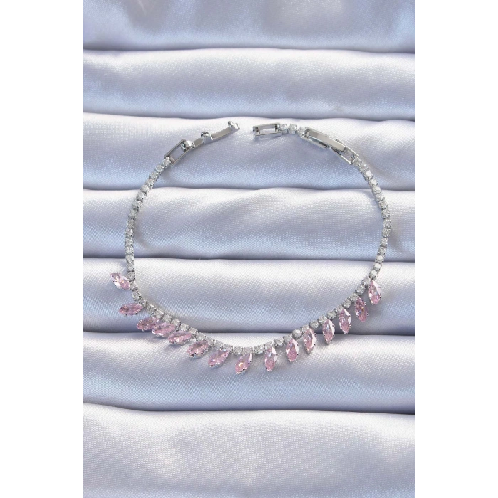 Pirinç Vip Seri Gümüş Renk Pembe Zirkon Taşlı Bileklik