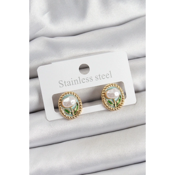 Pirinç Yeşil Mineli Lale Figürlü Sanatsal Portre Model Gold Renk Kadın Küpe