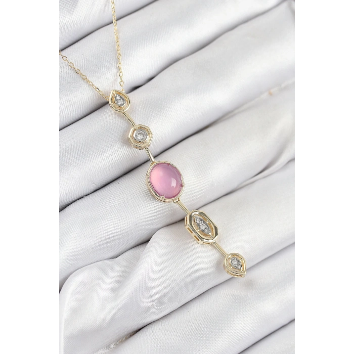 Pirinç Zincir Pembe Gold Renk Zirkon Taşlı Y Kolye