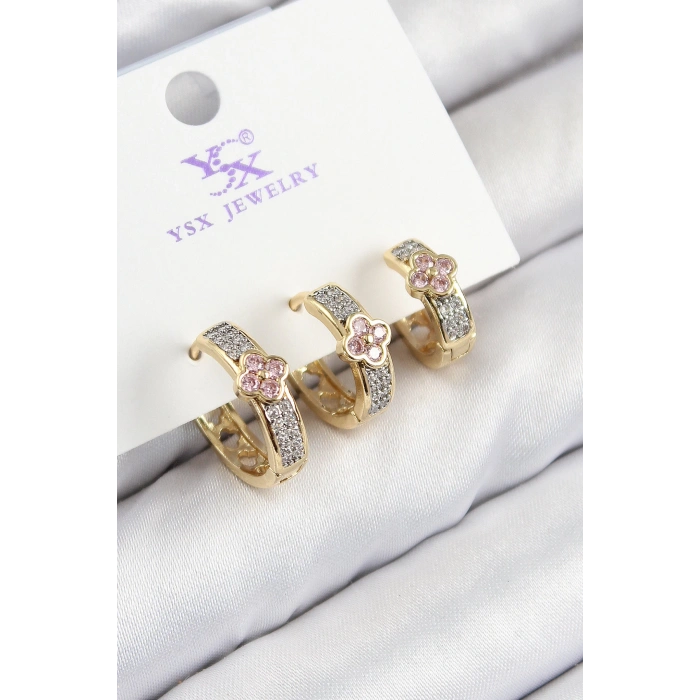 Pirinç Zirkon Taşlı 3lü Halka Yonca Model Gold Ve Gümüş Renk Kadın Küpe